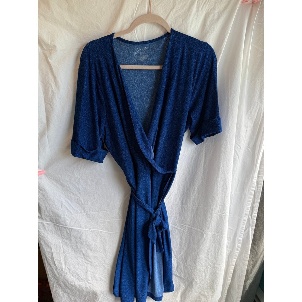Apt. 9 Womens Royal Blue Faux Wrap Dress Short Sleeve‎ V-Neck XL Micro Print
